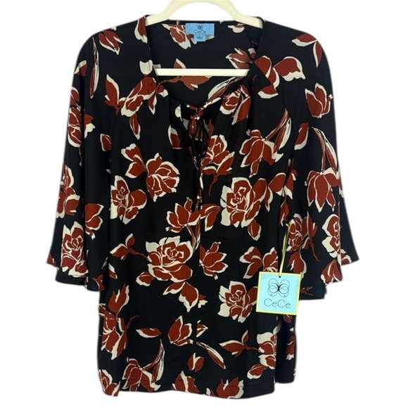 CeCe Floral Black and Orange 3/4 Flare Sleeve Tie Front Blouse - Picture 1 of 10